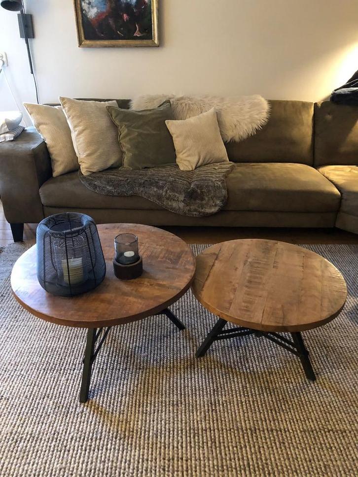 Set ronde mango houten salontafels, Huis en Inrichting, Tafels | Sidetables, Zo goed als nieuw, 25 tot 50 cm, 50 tot 100 cm, Rond