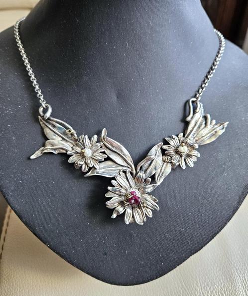 Zilveren (925) ketting VASTE hanger met ROBIJNEN en PARELS, Sieraden, Tassen en Uiterlijk, Kettingen, Zo goed als nieuw, Zilver