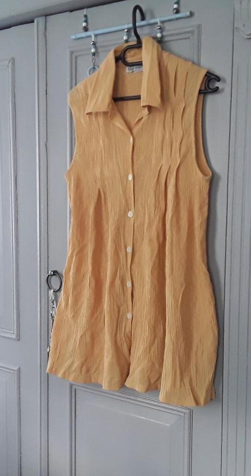 Top - mouwloze bloes van dunne stof - geel crinkle stof, Kleding | Dames, Blouses en Tunieken, Zo goed als nieuw, Maat 46/48 (XL) of groter