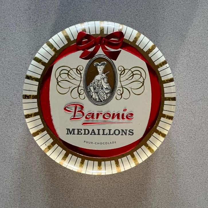 Rond blik Baronie Medaillons Puur Chocolade Holland vintage, Verzamelen, Blikken, Gebruikt, Overige, Overige merken, Ophalen
