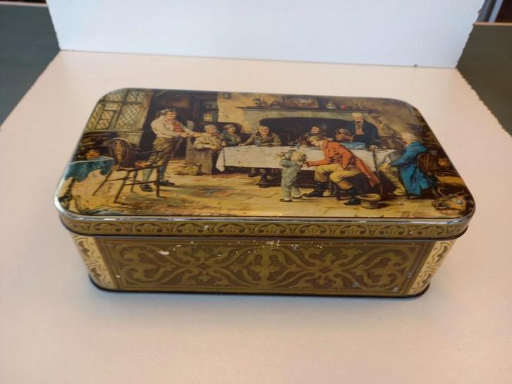 Oud koekblik met huiselijk plaatje, Verzamelen, Blikken, Gebruikt, Koek(jes), Ophalen of Verzenden