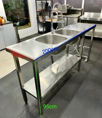 RVS Horeca Spoeltafel, Dubbele Spoelbak, Professionele kraan beschikbaar voor biedingen