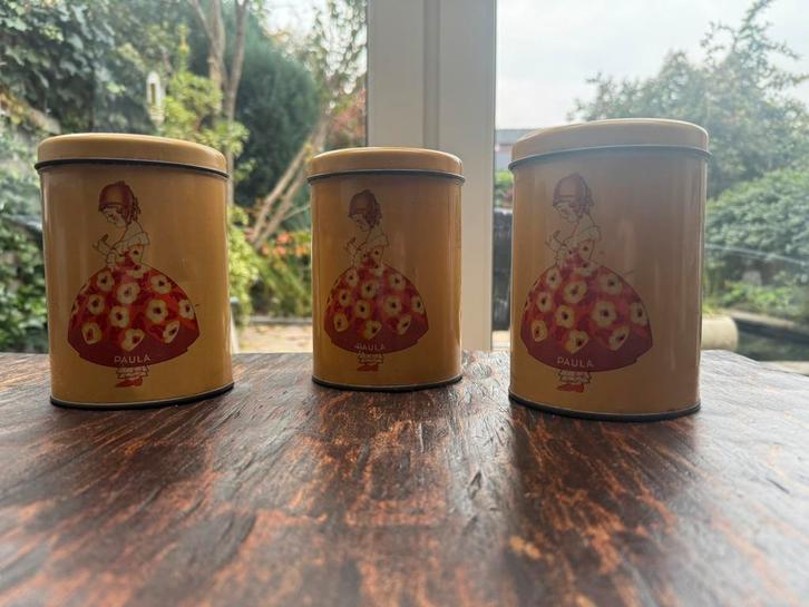 Vintage blikjes “Paula” – jaren 50 stijl – set van 3, Antiek en Kunst, Antiek | Keukenbenodigdheden, Ophalen of Verzenden