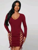 V-neck lace up front bodycon dress burgundy red size xs  s, Verzenden, Nieuw, Maat 34 (XS) of kleiner, Boven de knie