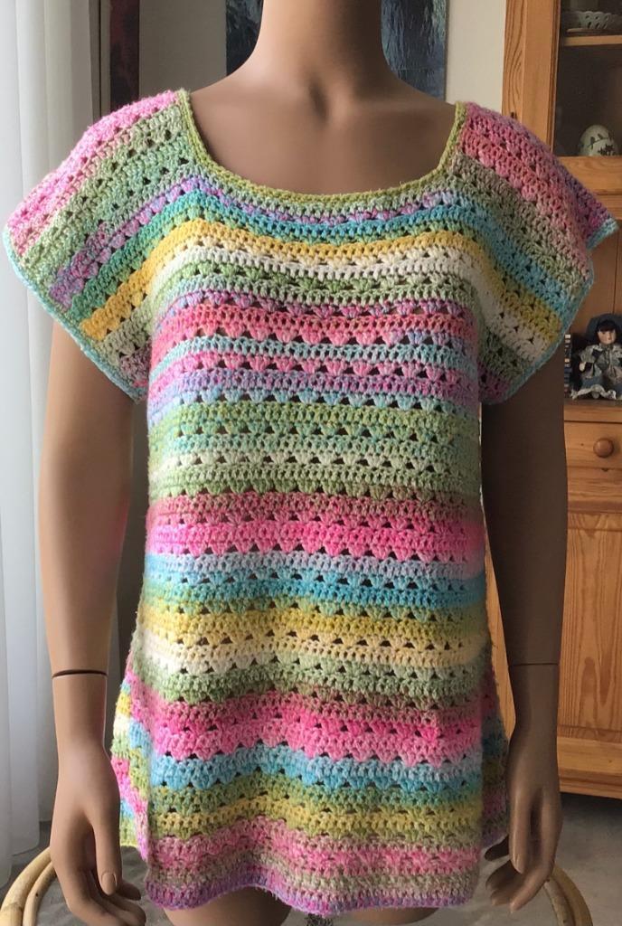 Veelkleurig zelf gehaakt zomertruitje maat 42-44 (L) zie afb, Kleding | Dames, Truien en Vesten, Gedragen, Maat 42/44 (L), Overige kleuren