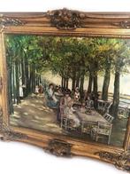 Oude schilderij restaurant buiten olieverf op doek, Ophalen of Verzenden