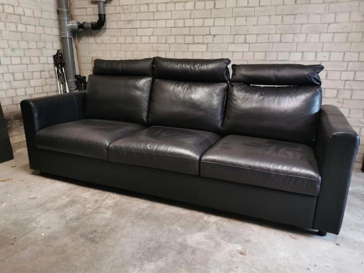 Zwarte lederen 3-zitsbank, Huis en Inrichting, Banken | Bankstellen, Gebruikt, Rechte bank, Driepersoons, 200 tot 250 cm, 75 tot 100 cm