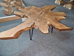 Unieke teak hout salontafel, gaten gevuld met epoxy zwart., Industrieel suar interieur, Info@industrieel-suar-interieur.nl, 100 tot 150 cm