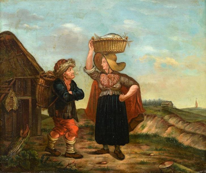 Visverkopers Holland circa 1850 zeldzaam, Antiek en Kunst, Kunst | Schilderijen | Klassiek, Ophalen