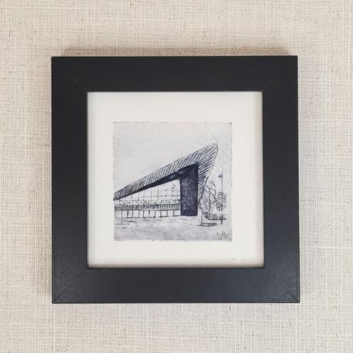 Ets Station Rotterdam Centraal 10x10 cm, inclusief lijst, Antiek en Kunst, Kunst | Etsen en Gravures, Ophalen of Verzenden