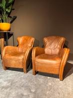Cognac Leren Saddle fauteuils Vintage Stoer, Gebruikt, Landelijk Stoer, 50 tot 75 cm, Leer