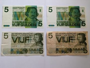 Set van 4 x Vijf Gulden biljetten – Spinoza & Vondel  beschikbaar voor biedingen