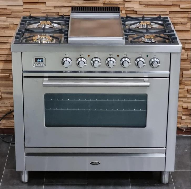 Luxe Fornuis Boretti 90cm rvs + rvs 5 pits frytop 1 oven, Witgoed en Apparatuur, Fornuizen, Zo goed als nieuw, Vrijstaand, Gas