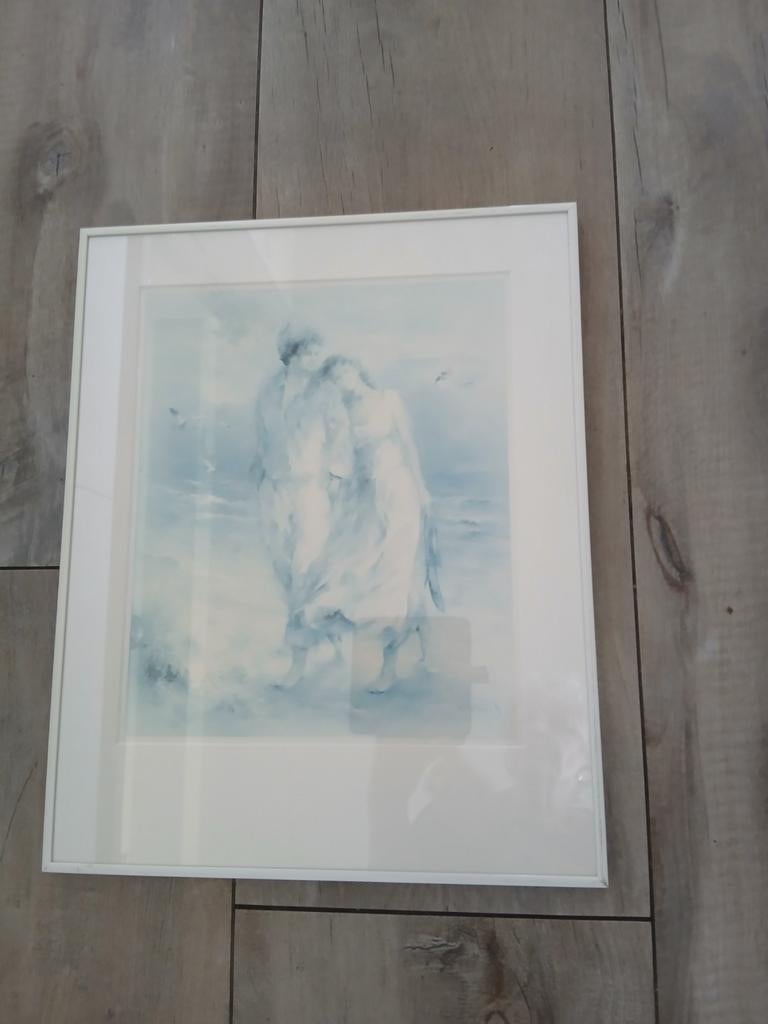 W Haenraets Ingelijste aquarel van figuren aan zee, Antiek en Kunst, Ophalen