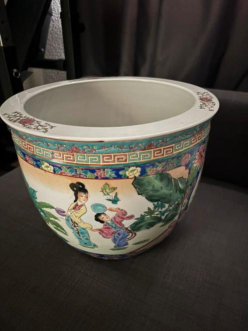 Vintage grote cachepot Chinese famille Rose plantenbak, Tuin en Terras, Bloempotten, Zo goed als nieuw, Aardewerk, Minder dan 25 cm