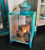 Metalen lantaarn windlicht ibiza turquoise met kralenhanger, Ophalen of Verzenden, Zo goed als nieuw, Metaal, 25 tot 50 cm