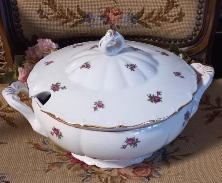 Prachtige brocante soepterrine, roze roosjes, Haas & Czjzek, Antiek en Kunst, Curiosa en Brocante, Ophalen of Verzenden