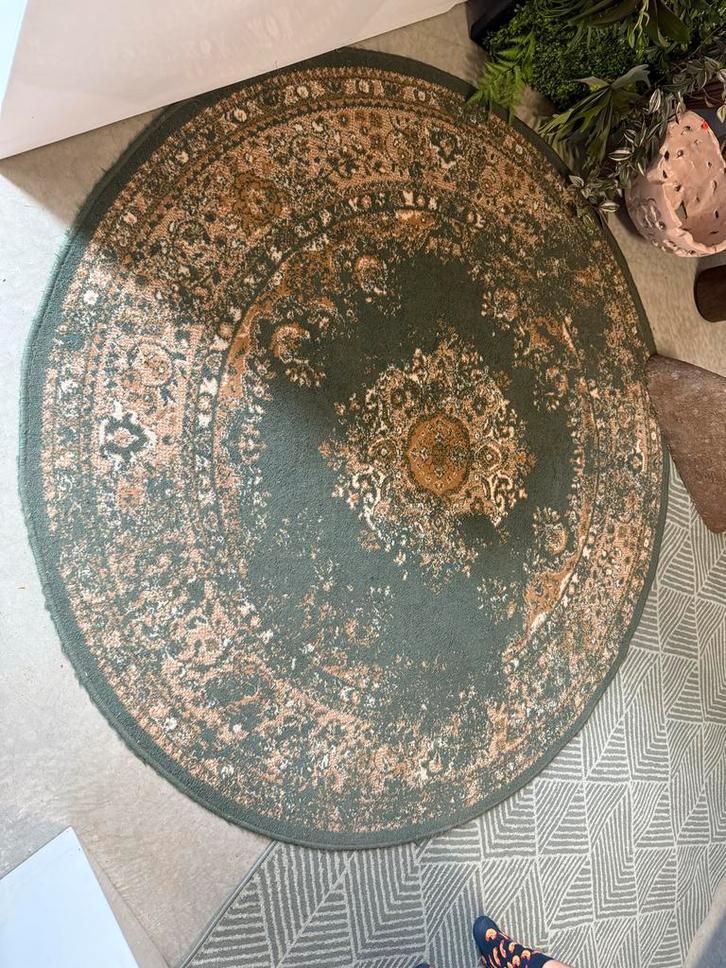 Vintage Rond Vloerkleed Keshan Groen 190cm, Huis en Inrichting, Stoffering | Tapijten en Kleden, Gebruikt, 150 tot 200 cm, Rond