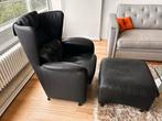Leren Fauteuil met Voetenbank - Zwart, Ophalen, Gebruikt, 75 tot 100 cm, Modern