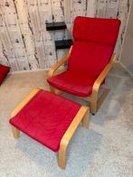 Ikea POÄNG Fauteuil en voetenbank Rode kussens, Huis en Inrichting, Fauteuils, Ophalen, Gebruikt, 75 tot 100 cm, 50 tot 75 cm