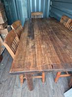Franse eikenhouten eettafel met stoelen, Gebruikt, Eikenhout, 200 cm of meer, 50 tot 100 cm