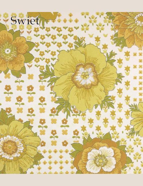 3652 Gele bloemen op raster behang vrolijk sixties design sw, Huis en Inrichting, Stoffering | Behang, Wit, Geel, Oranje, minder dan 10 m²
