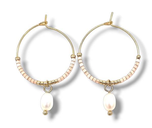 Luclo Arts Creolen - Zachtroze & Zoetwaterparel #35, Sieraden, Tassen en Uiterlijk, Oorbellen, Nieuw, Hangers, Overige materialen