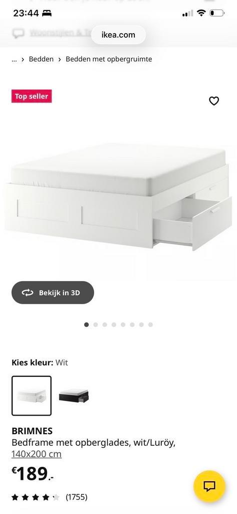 Ikea Brimnes Bedframe met opberglades, matras en topper!, Huis en Inrichting, Slaapkamer | Bedden, Zo goed als nieuw, Tweepersoons