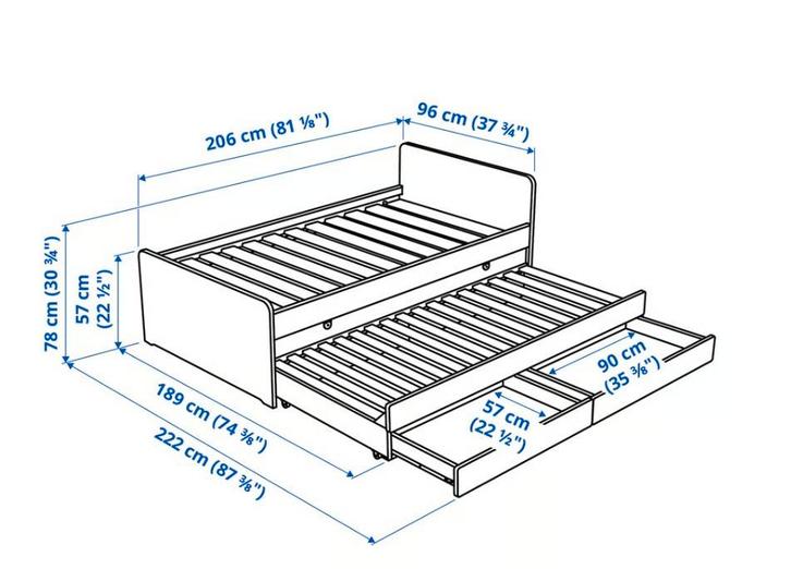 Ikea bedframe met onderbed en opberger, wit, 90x200 cm, Huis en Inrichting, Slaapkamer | Bedden, Gebruikt, Eenpersoons, 90 cm