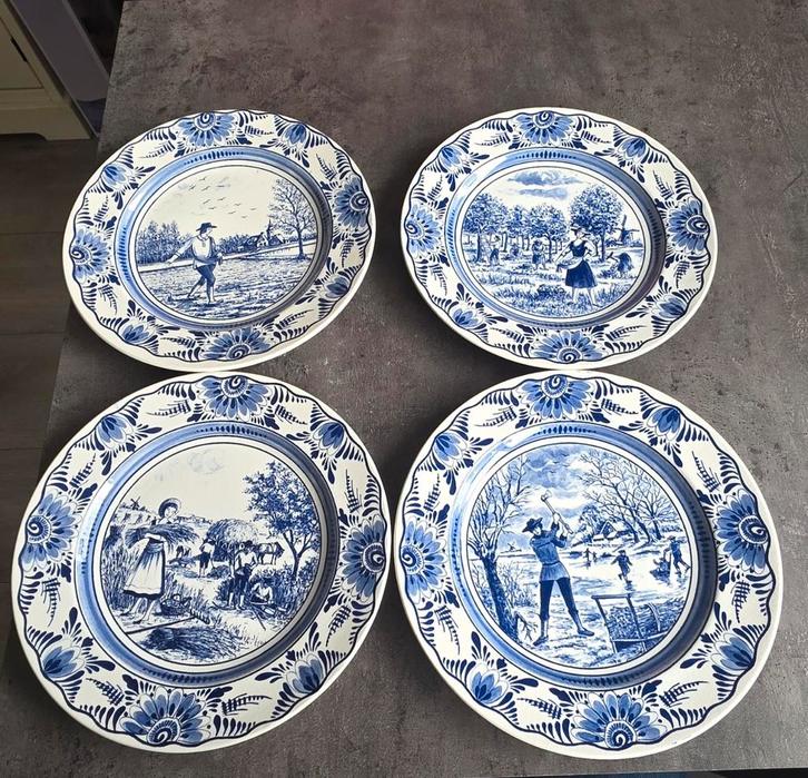 4 Delfts Blauw Borden - Serie 4 Seizoenen, Antiek en Kunst, Antiek | Wandborden en Tegels, Ophalen