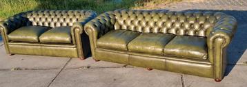 Chesterfield bankstel groen leer + BEZORGING GRATIS  beschikbaar voor biedingen