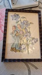Klein schilderijtje meisjes met klokjesbloe. Lijst jaren 30', Ophalen of Verzenden