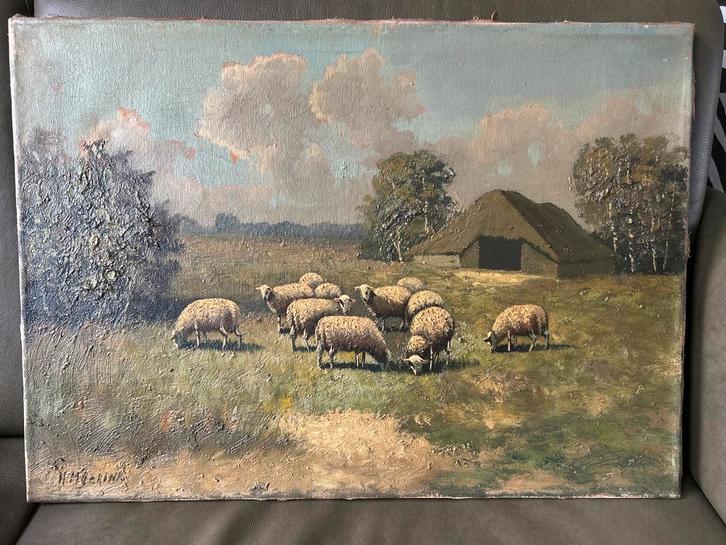 Antiek Schilderij van schapen in een landschap, Antiek en Kunst, Kunst | Schilderijen | Klassiek, Ophalen of Verzenden