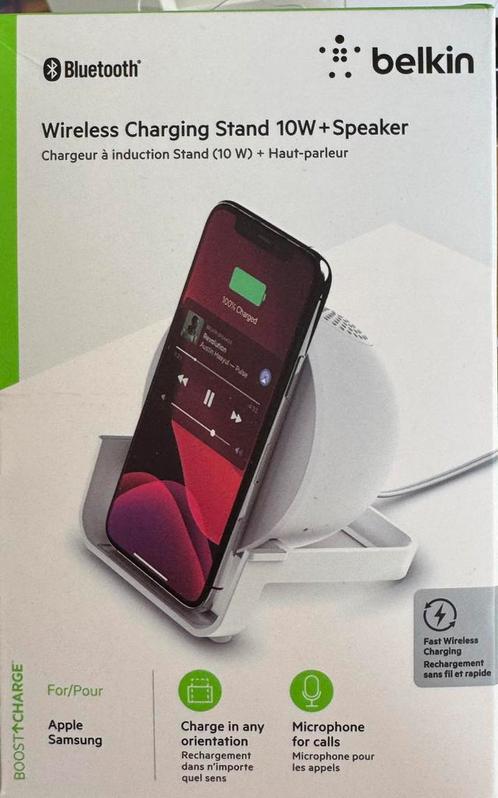 BOOSTCHARGE Qi Draadloze oplader 10W + luidspreker - Wit, Telecommunicatie, Mobiele telefoons | Telefoon-opladers, Zo goed als nieuw