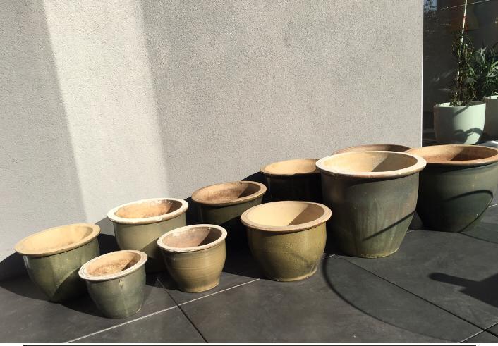 Oud Hollandse kwaliteit terracotta geglazuurd groen potten, Tuin en Terras, Bloempotten, Gebruikt, Terracotta, Minder dan 40 cm
