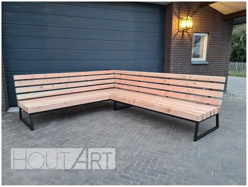 L-vorm Hoek loungebank Massive staal met douglas balken, Tuin en Terras, Tuinsets en Loungesets, Nieuw, Loungeset, Hardhout, 4 zitplaatsen