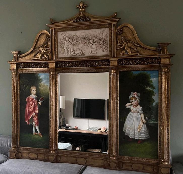 Uniek groot wandpaneel met spiegel, albast en schildering, Antiek en Kunst, Antiek | Spiegels, 150 tot 200 cm, 150 tot 200 cm