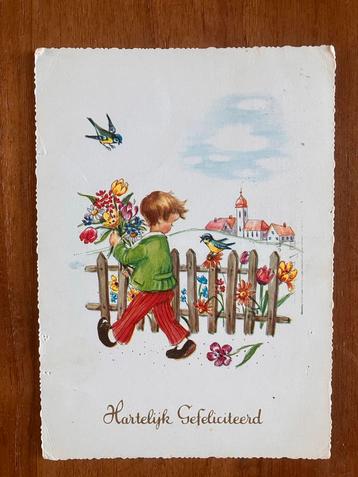Hartelijk Gefeliciteerd 1964. Jongetje met bos bloemen. beschikbaar voor biedingen