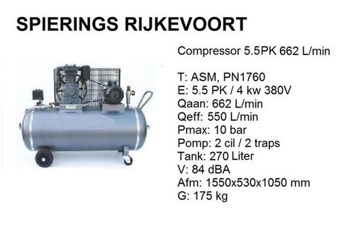 Compressor 5,5pk 650 L/min 380 V tank 270 L Spierings, Doe-het-zelf en Verbouw, Compressors, Nieuw, Ophalen of Verzenden