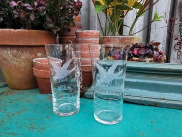 Oude wildtafereel glazen met eend kristal cola maat Miekje  beschikbaar voor biedingen