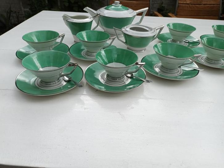 Art Deco Theeservies - Groen & Zilver, Antiek en Kunst, Antiek | Servies compleet, Ophalen