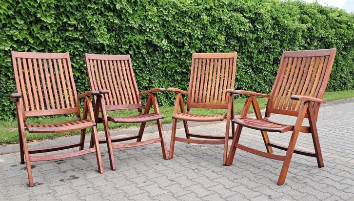 4 Teakhouten standenstoelen Oriental Garden, inklapbaar, Tuin en Terras, Tuinsets en Loungesets, Gebruikt, Tuinset, Teakhout, Stoel