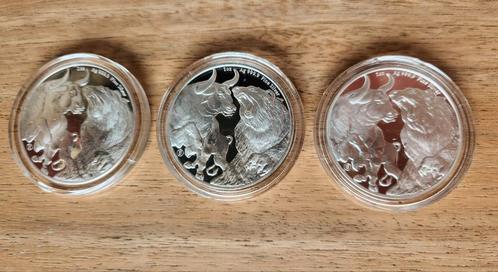 3 x 1 oz Bull and Bear 2021 2022 en 2023 zilver, Postzegels en Munten, Edelmetalen en Baren, Zilver, Ophalen of Verzenden