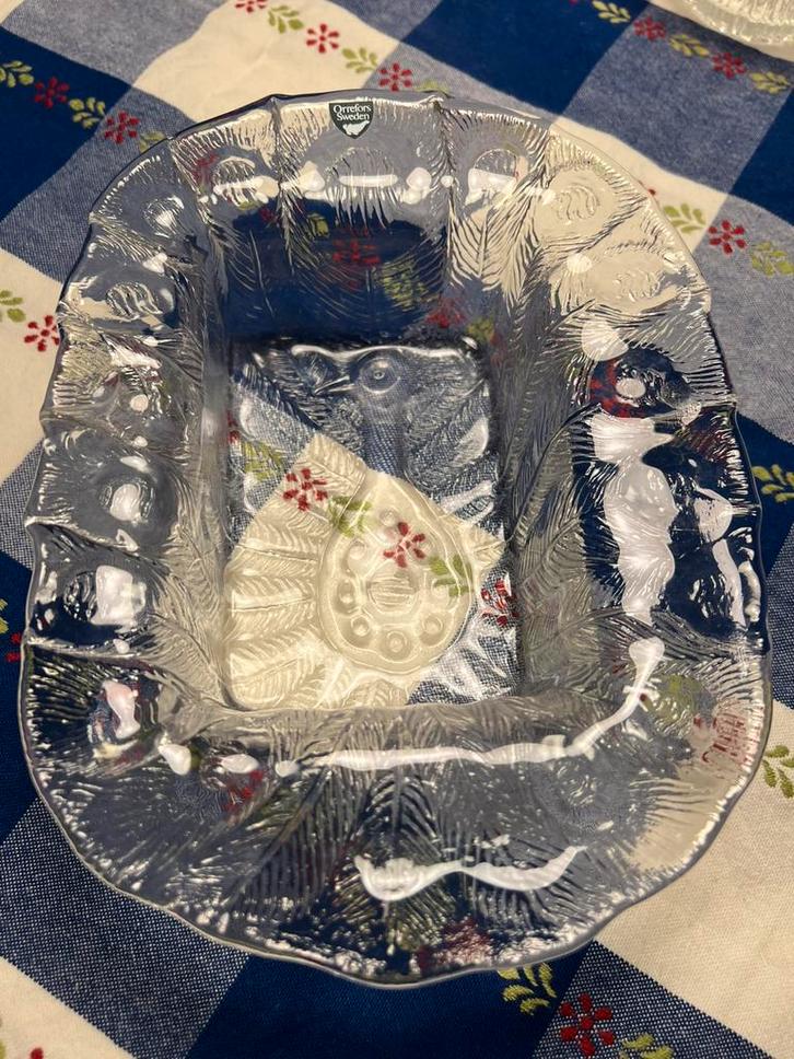 Prachtige Orrefors Sweden schaal pauw, Antiek en Kunst, Antiek | Glas en Kristal, Ophalen of Verzenden