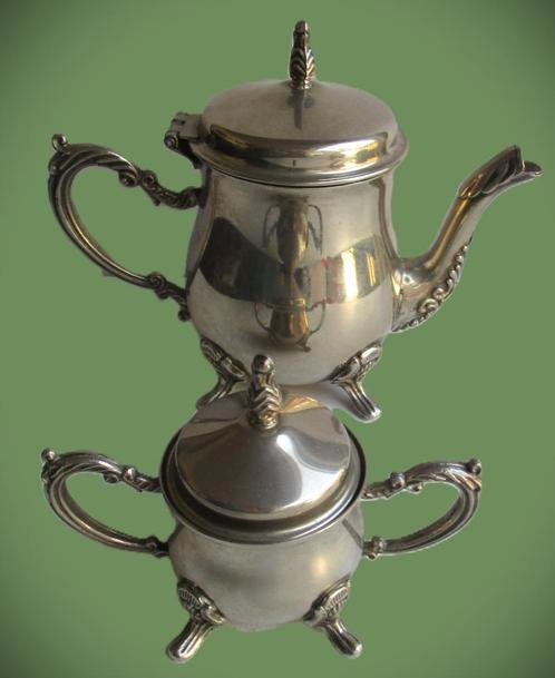 Koffiepot en suikerpot~Verzilverd antiek setje~Koffiepotje, Antiek en Kunst, Antiek | Servies los, Ophalen of Verzenden