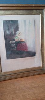 Ingekleurde litho, kantklossende dame. gesigneerd, Antiek en Kunst, Kunst | Schilderijen | Klassiek, Ophalen of Verzenden