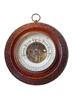 Antieke Aneroid Barometer, Houtsnijwerk, Messing Ring, 1900, Ophalen of Verzenden, Gebruikt, Barometer