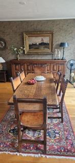 Gedisselde antieke houten eettafel met 6 stoelen, Huis en Inrichting, Tafels | Eettafels, Ophalen, Gebruikt, 200 cm of meer, 50 tot 100 cm