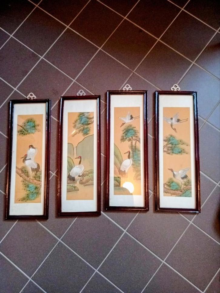 Antieke  vier Japanse perkamenten schildjes zie foto's, Huis en Inrichting, Woonaccessoires | Lijsten, Zo goed als nieuw, Minder dan 50 cm