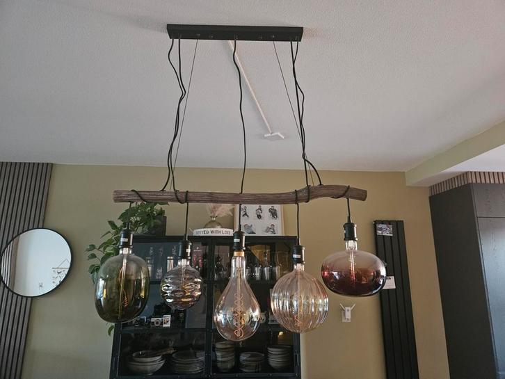 Kwantum Hanglamp met 5 Lichtbronnen, Huis en Inrichting, Lampen | Hanglampen, Zo goed als nieuw, Glas, Hout, Ophalen